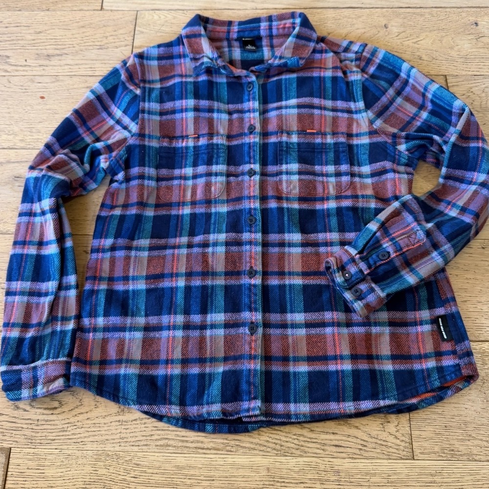 Cotopaxi Flannel Shirt Large Blue Orange Plaid Excellent Organic Cotton (1810) - Picture 1 of 7